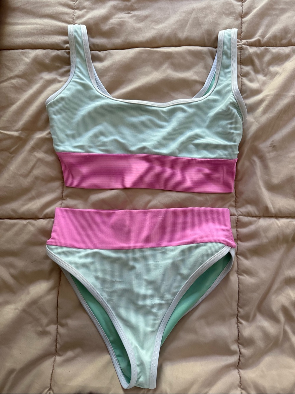 LainSnow Mint and Pink Ribbed Two-Piece Bikini (Watermelon)